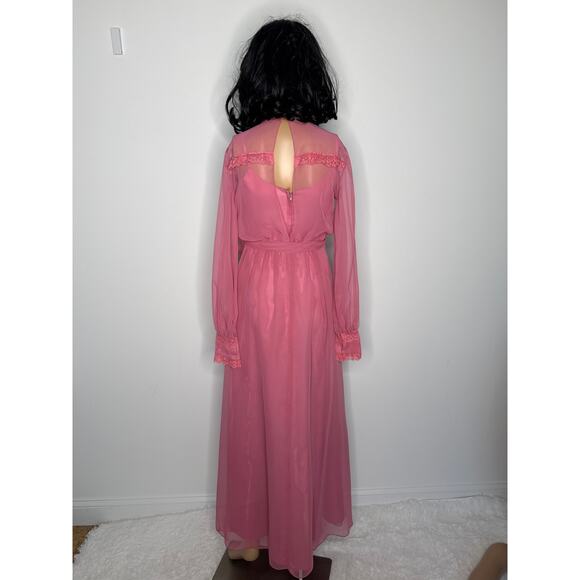 1970s Pink Chiffon Prairie Maxi High Neck Dress Lace Trim LGWD Canada XS - Picture 16 of 17